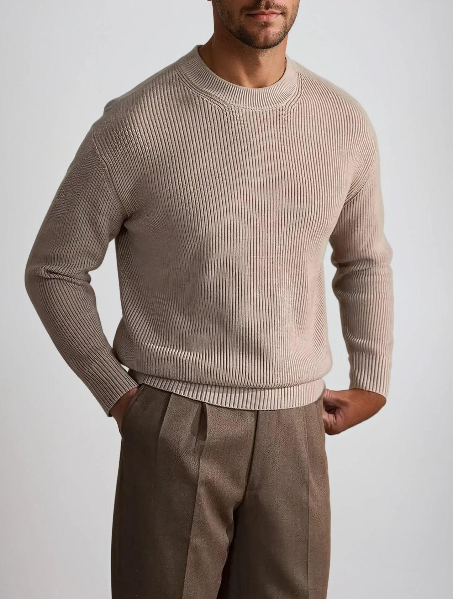Classic Textured Beige Mens Crew Neck Sweater