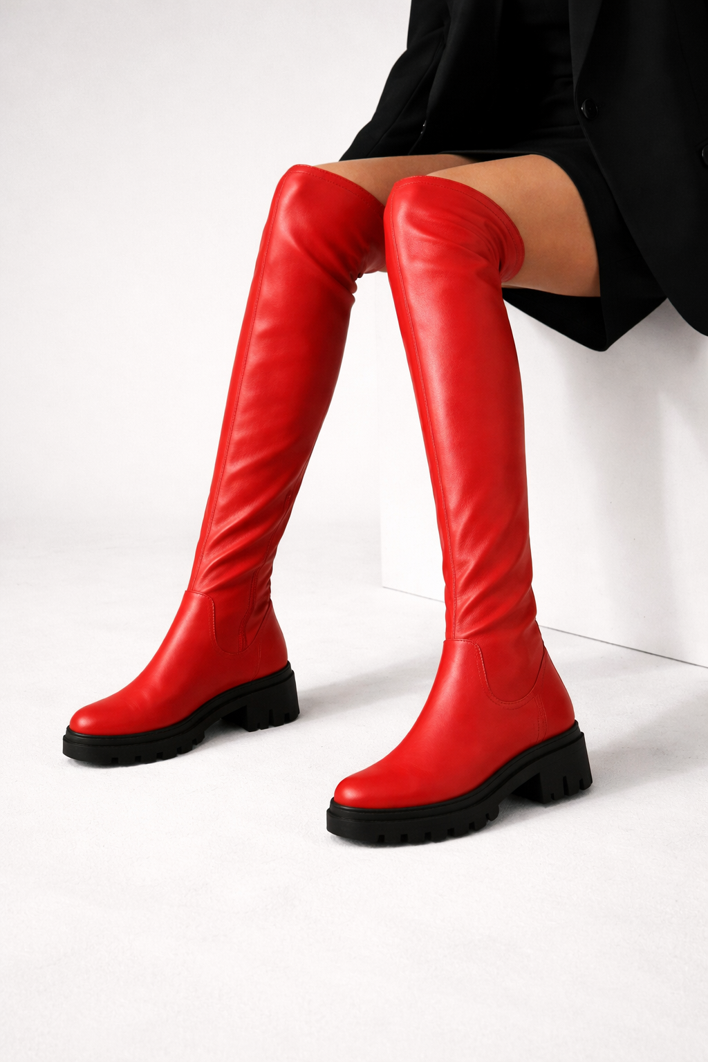 Women's Stylish Leather Over-the-Knee Thigh High Boots with Chunky