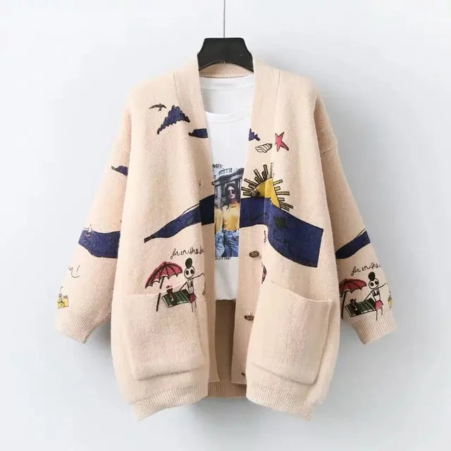 Colorful Sweater with Fun Pattern and Button Front