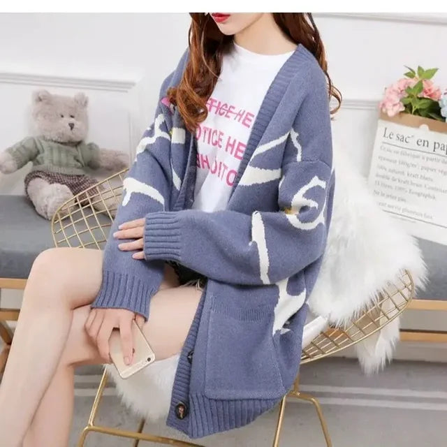 Colorful Sweater with Fun Pattern and Button Front - OutfitLondon