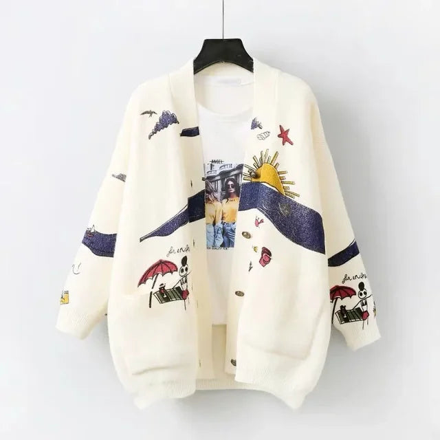 Colorful Sweater with Fun Pattern and Button Front