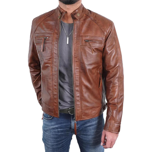 Men's Leather Cafe Racer Jacket Quilted Shoulders Brown - OutfitLondon