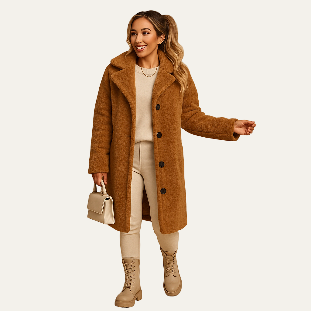 Ladies Warm Faux Fur Button Coat