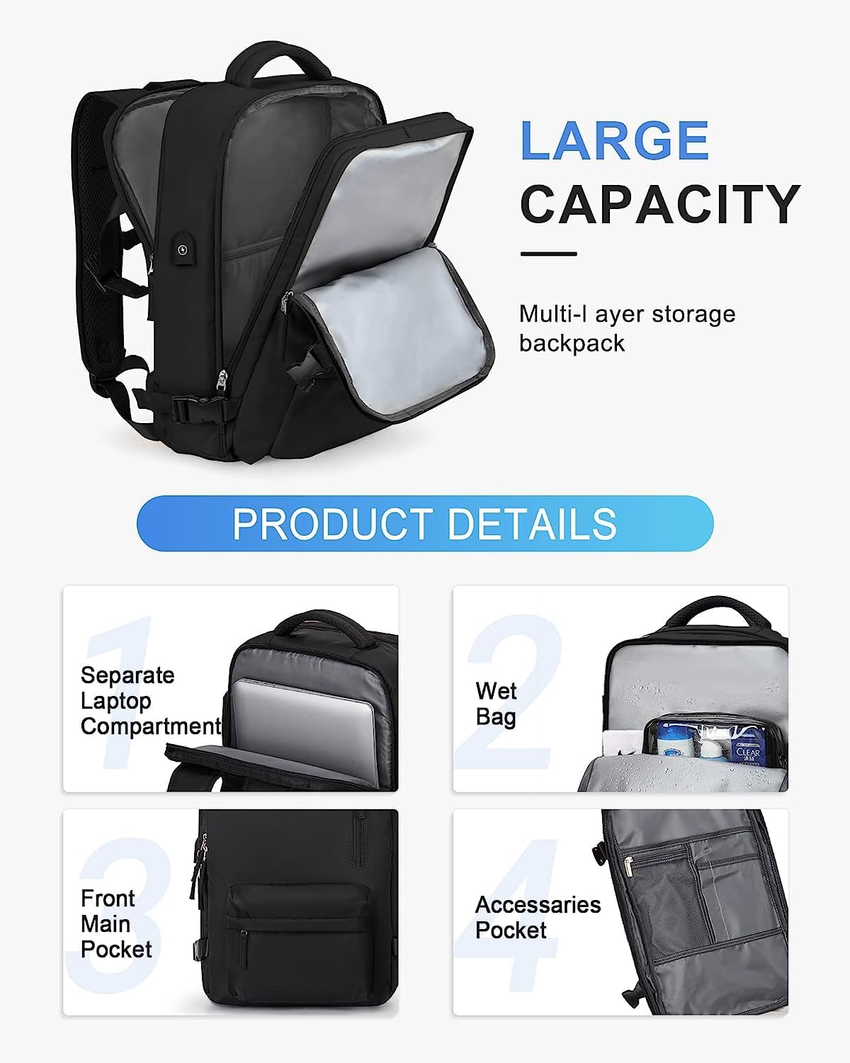 Waterproof Hiking Rucksack with Laptop Sleeve & USB Charger