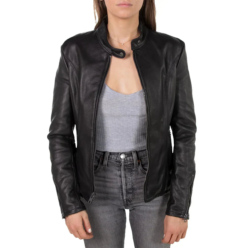 Women's Black Leather Jacket Cowhide - OutfitLondon
