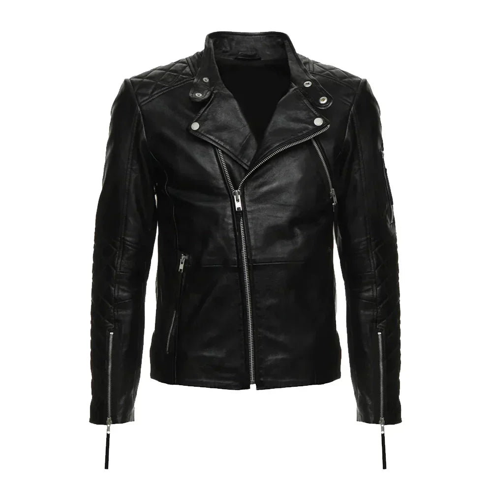 Men's Leather Moto Jacket Black Quilted Asymmetrical - OutfitLondon