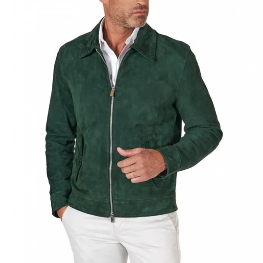 Men's Green Suede Leather Jacket Zip Closure Collared - OutfitLondon