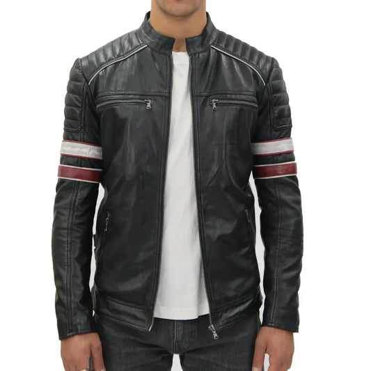 Mens Quilted Leather Racing Jacket Black Red Lambskin - OutfitLondon