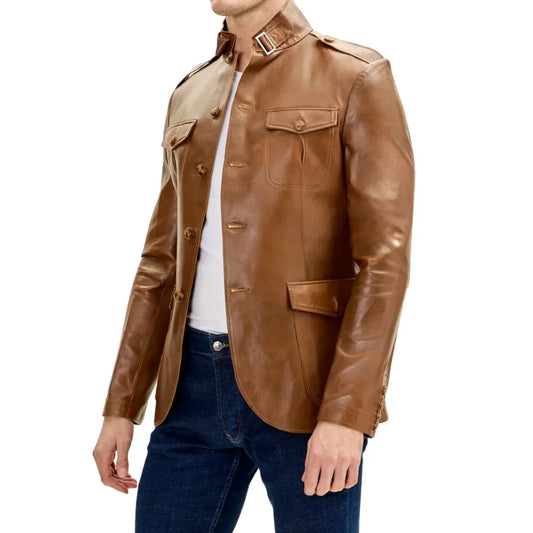 Men's Brown Lambskin Leather Biker Jacket Mid Length - OutfitLondon