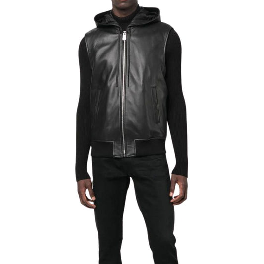 Mens Black Leather Vest Hooded Zipper Closure - OutfitLondon