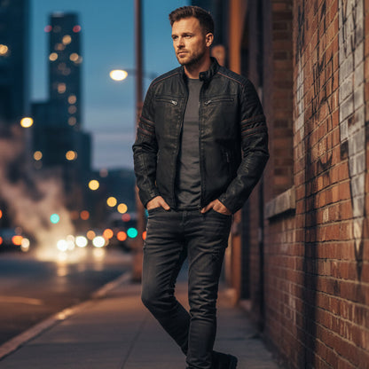 Classic Mens Genuine Leather Biker Jacket