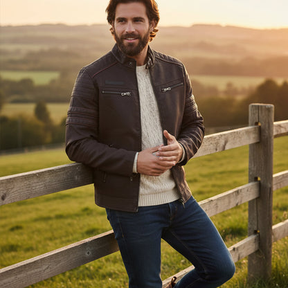 Classic Mens Genuine Leather Biker Jacket