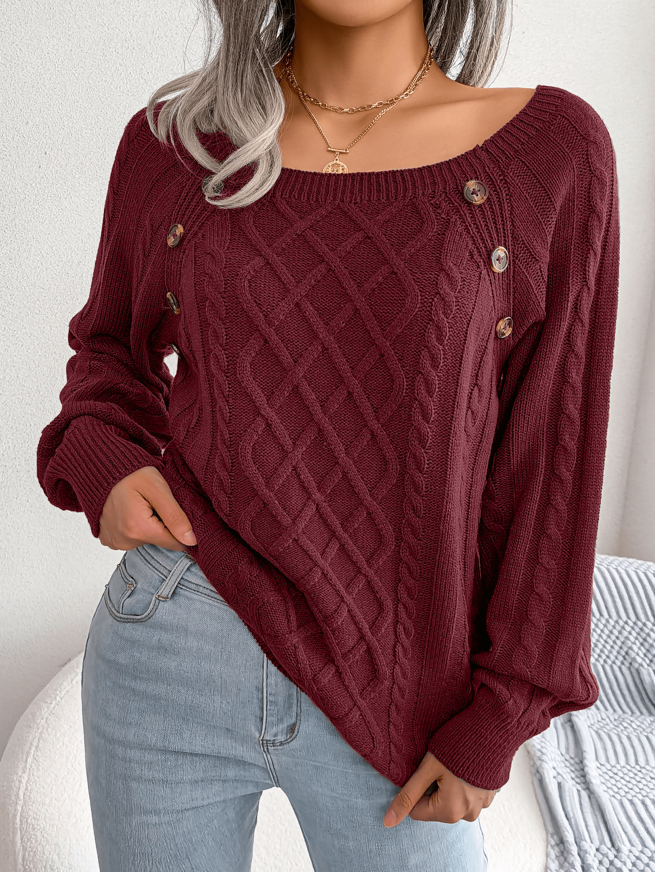 Warm Cable Knit Crew Neck Sweater with Buttons