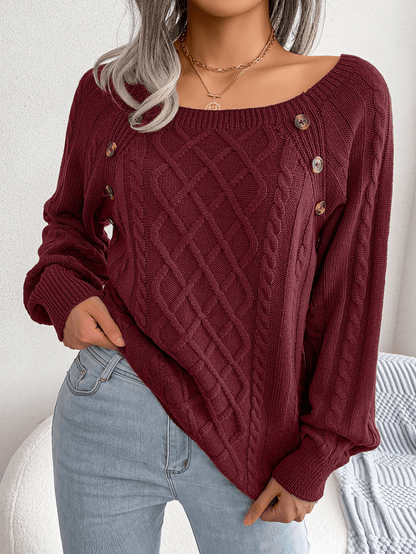 Warm Cable Knit Crew Neck Sweater with Buttons