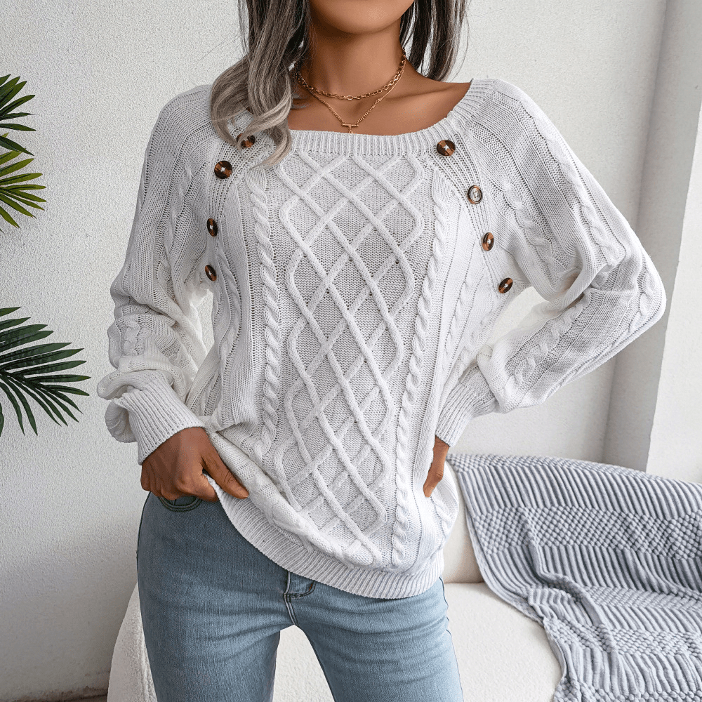 Warm Cable Knit Crew Neck Sweater with Buttons