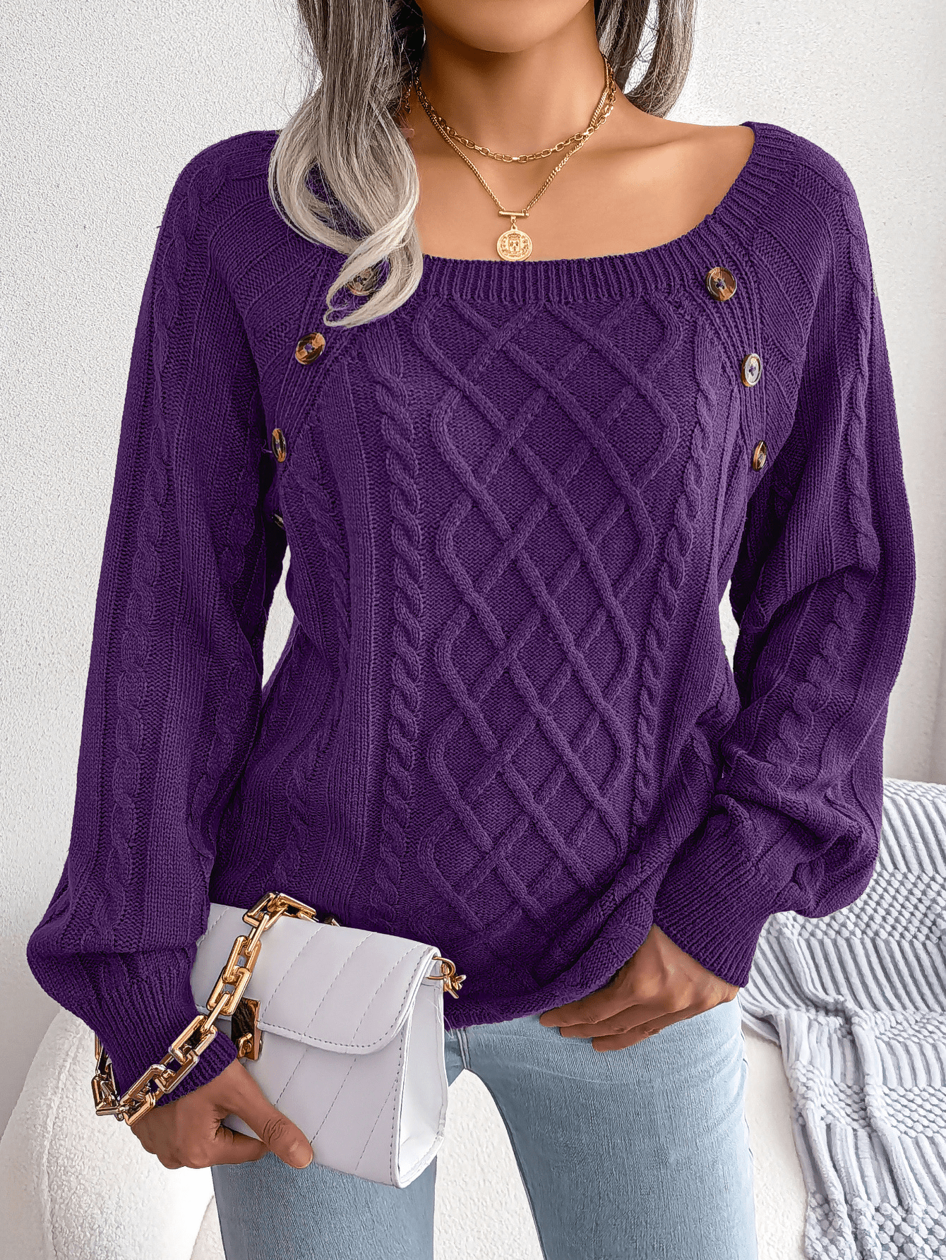 Warm Cable Knit Crew Neck Sweater with Buttons