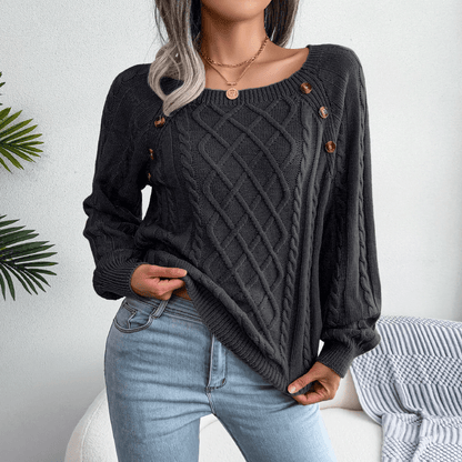 Warm Cable Knit Crew Neck Sweater with Buttons