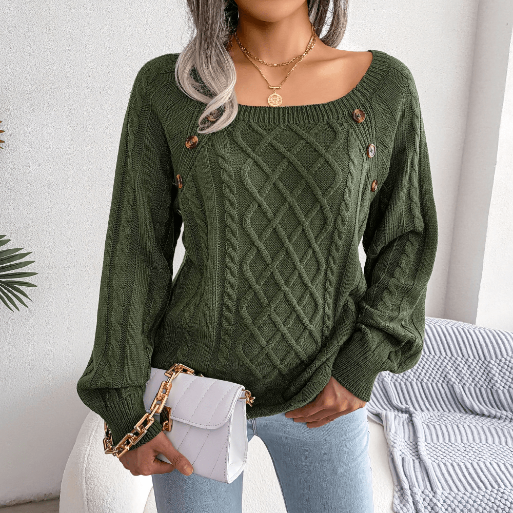 Warm Cable Knit Crew Neck Sweater with Buttons