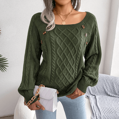 Warm Cable Knit Crew Neck Sweater with Buttons