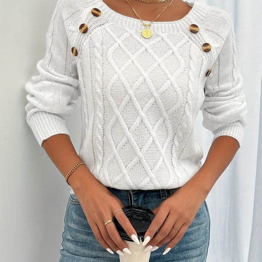Warm Cable Knit Crew Neck Sweater with Buttons - OutfitLondon