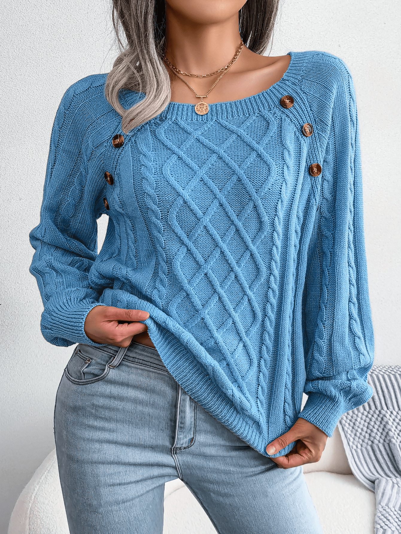 Warm Cable Knit Crew Neck Sweater with Buttons