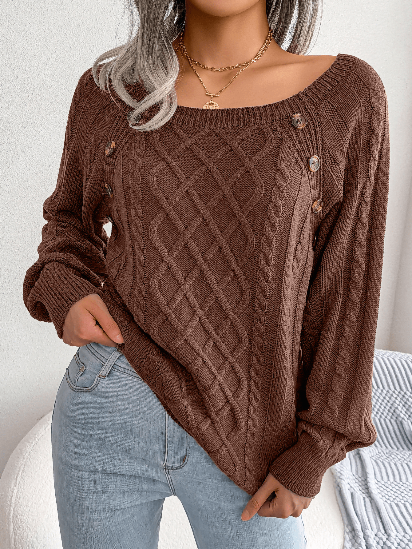Warm Cable Knit Crew Neck Sweater with Buttons