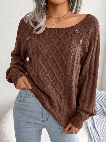 Warm Cable Knit Crew Neck Sweater with Buttons
