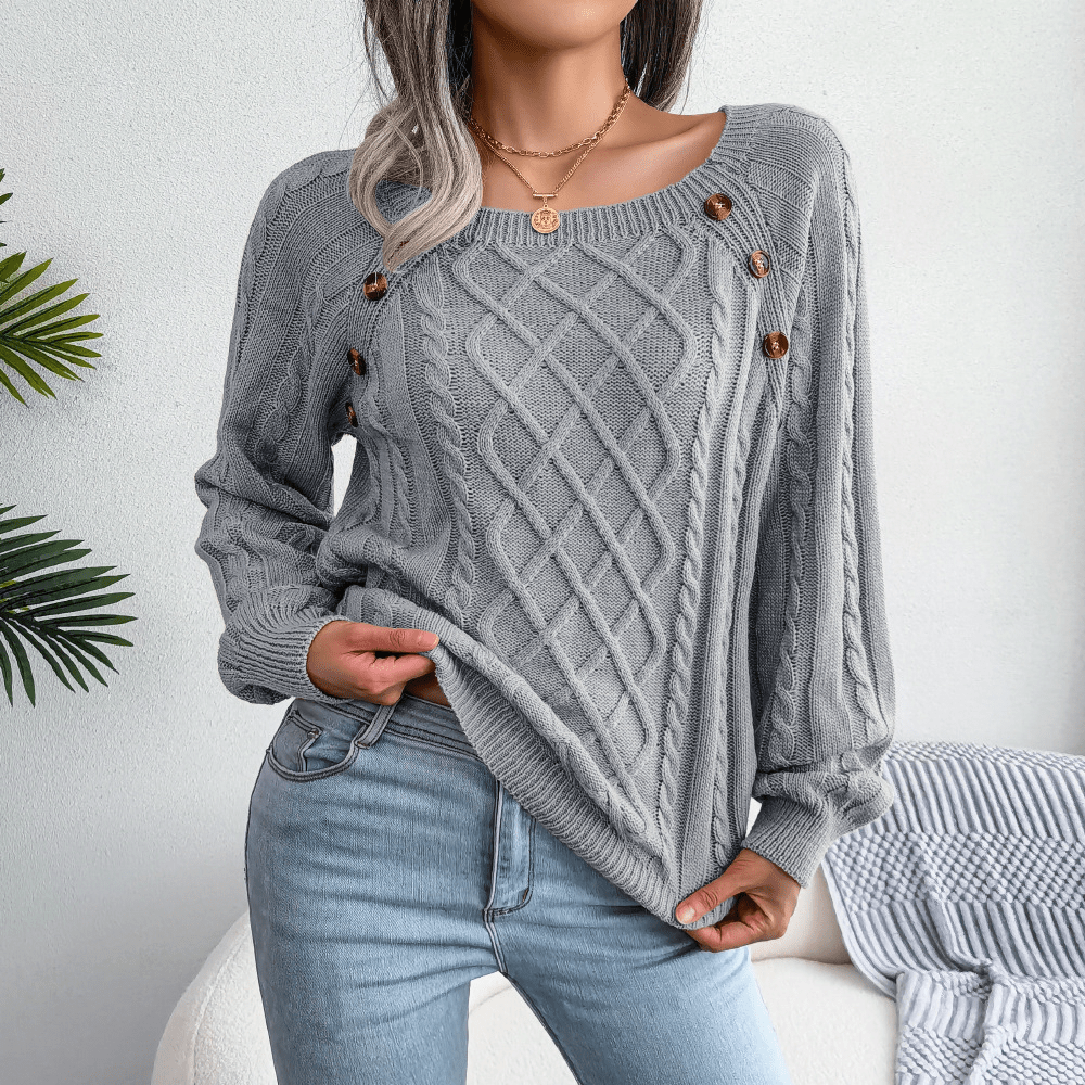 Warm Cable Knit Crew Neck Sweater with Buttons