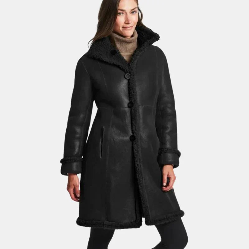 Women's Leather Shearling Winter Coat Black - OutfitLondon