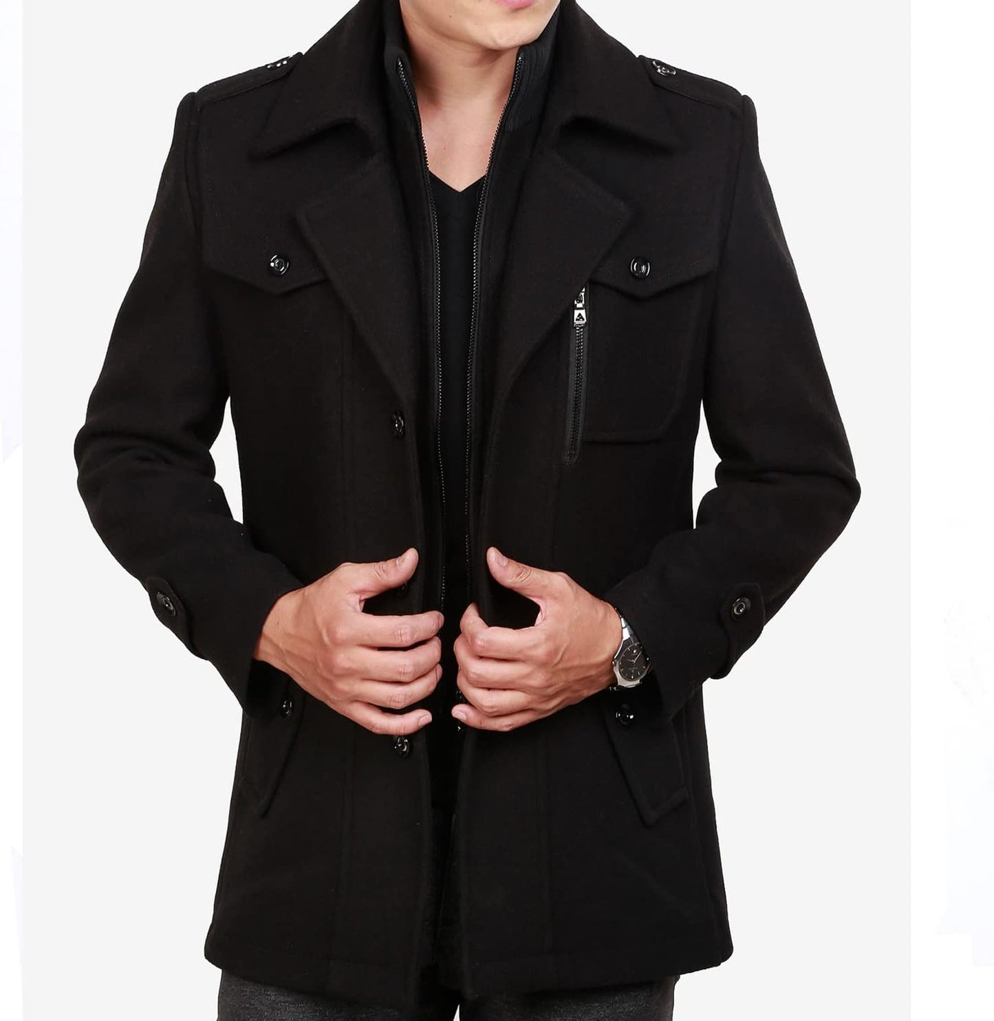 Warm Mens Quilted Wool Navy Coat