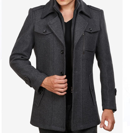 Warm Mens Quilted Wool Navy Coat