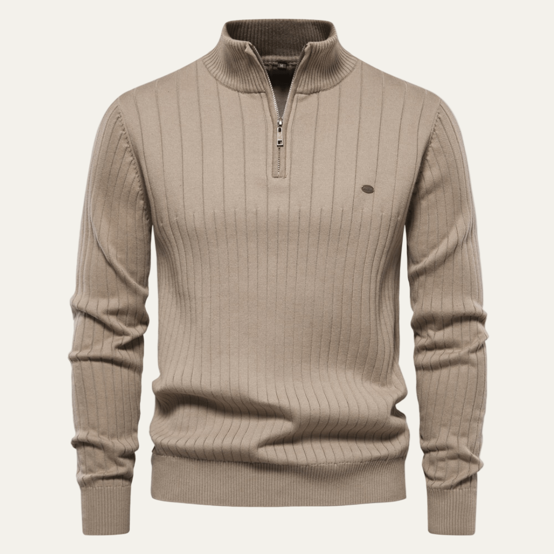 Men's Textured Crew Neck Zip Up Sweater
