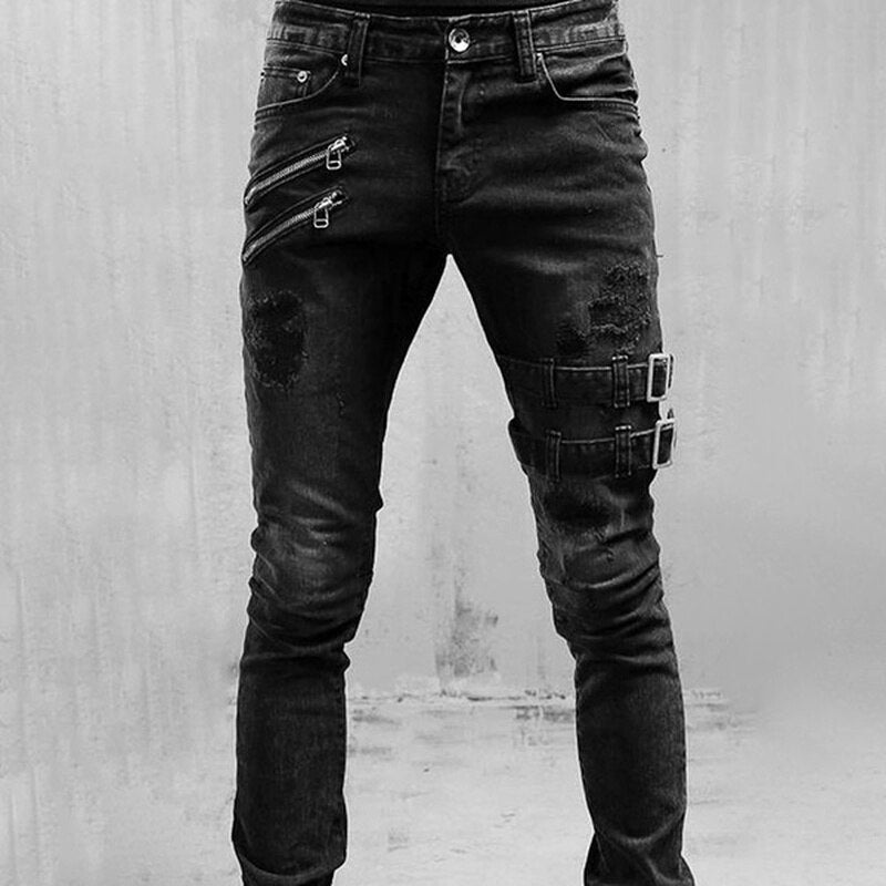 Men's Slim Fit Black Jeans with Zip Pockets