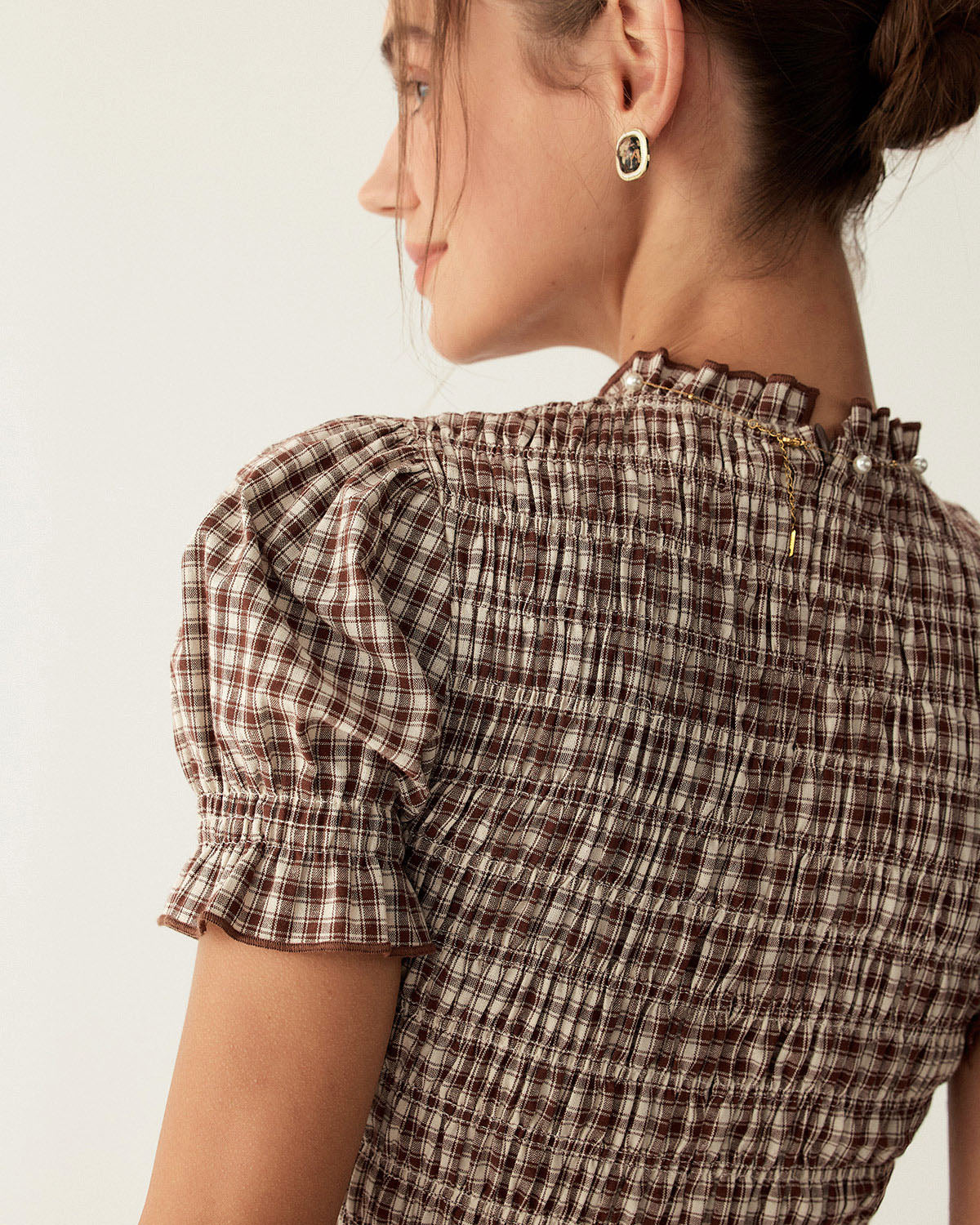 Maria | Puffed Sleeve Coffee Gingham Ladies Day Mini Dress