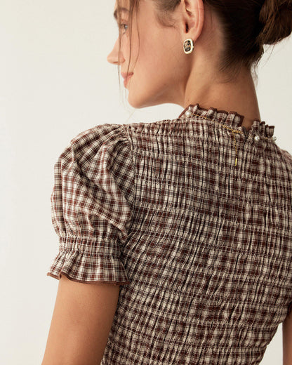 Maria | Puffed Sleeve Coffee Gingham Ladies Day Mini Dress