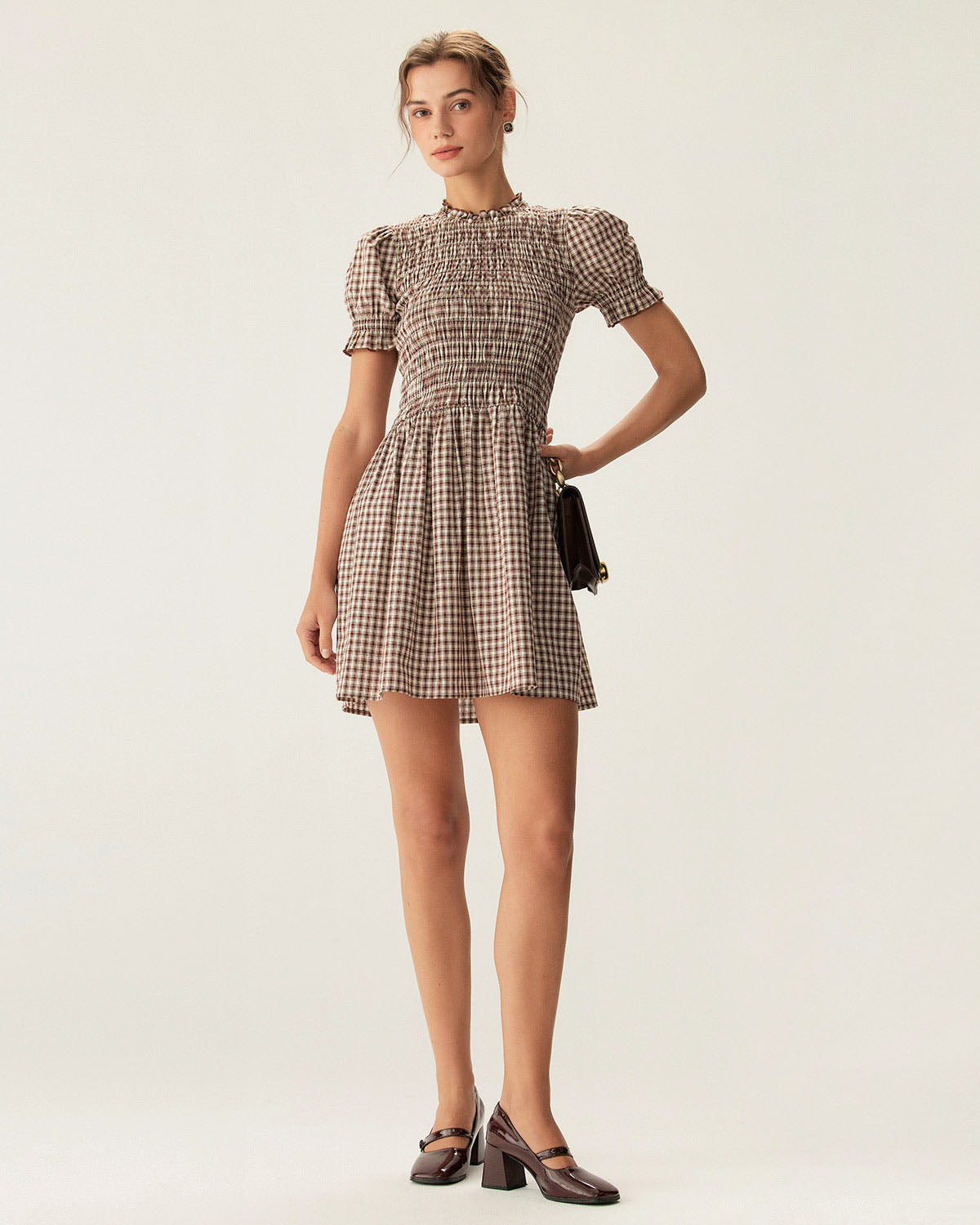 Maria | Puffed Sleeve Coffee Gingham Ladies Day Mini Dress