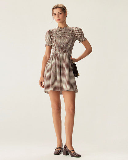 Maria | Puffed Sleeve Coffee Gingham Ladies Day Mini Dress