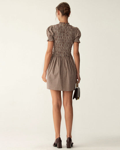 Maria | Puffed Sleeve Coffee Gingham Ladies Day Mini Dress