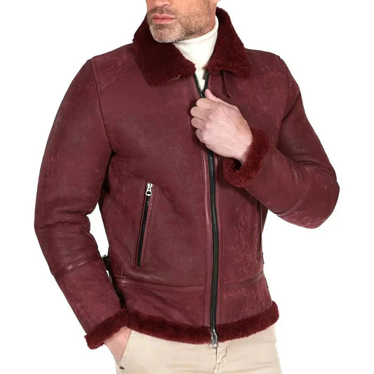 Men's Leather Bomber Jacket Dark Maroon Fur Collar - OutfitLondon