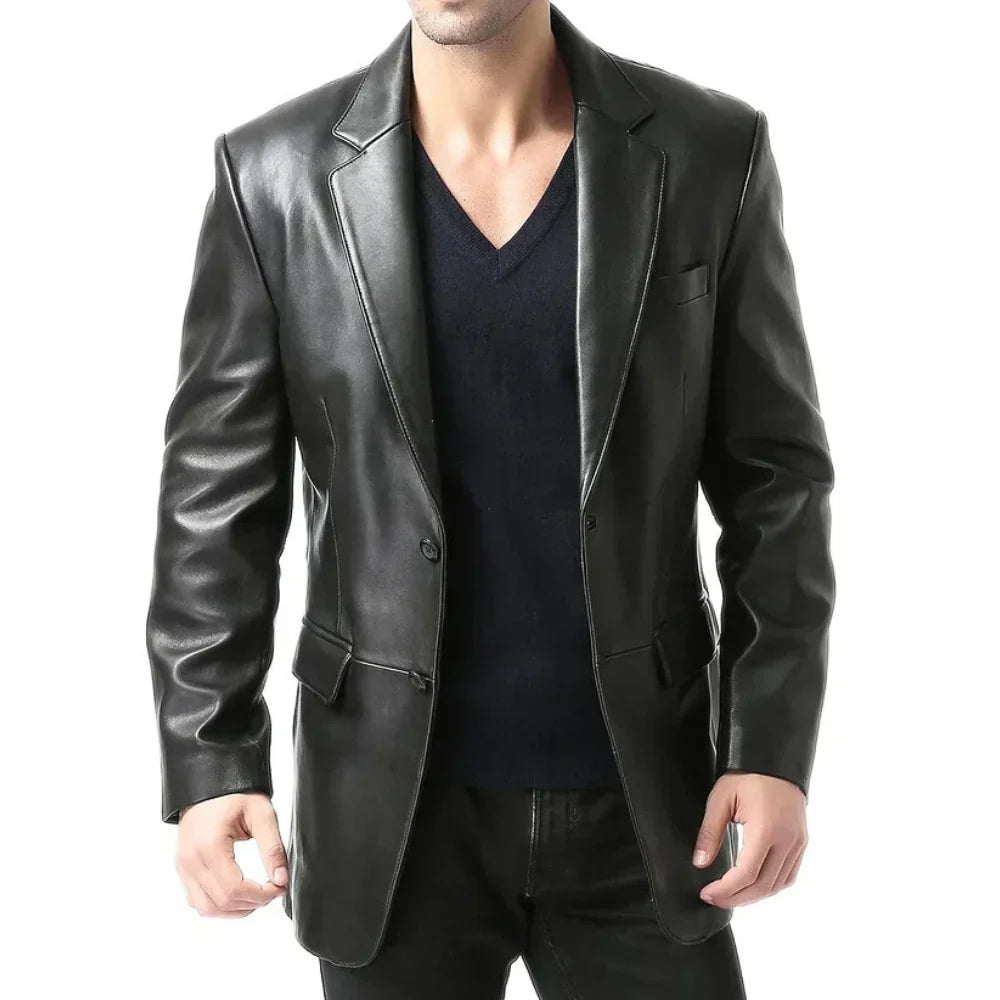 Men's Leather Blazer Jacket Black Two Button Notch Lapel - OutfitLondon