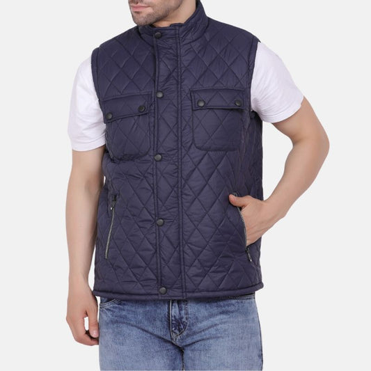 Men's Quilted Sleeveless Vest Dark Blue Satin - OutfitLondon