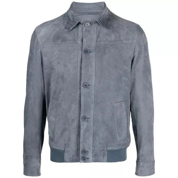 Men's Grey Suede Bomber Jacket Button Up Closure - OutfitLondon
