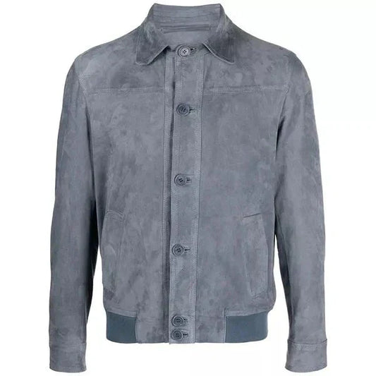 Men's Grey Suede Bomber Jacket Button Up Closure - OutfitLondon