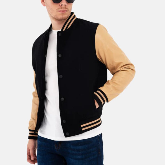 Men's Varsity Bomber Jacket Wool Blend Leather Sleeves Black Beige - OutfitLondon