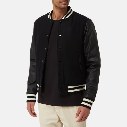 Men's Leather Sleeve Bomber Jacket Black Varsity Style - OutfitLondon