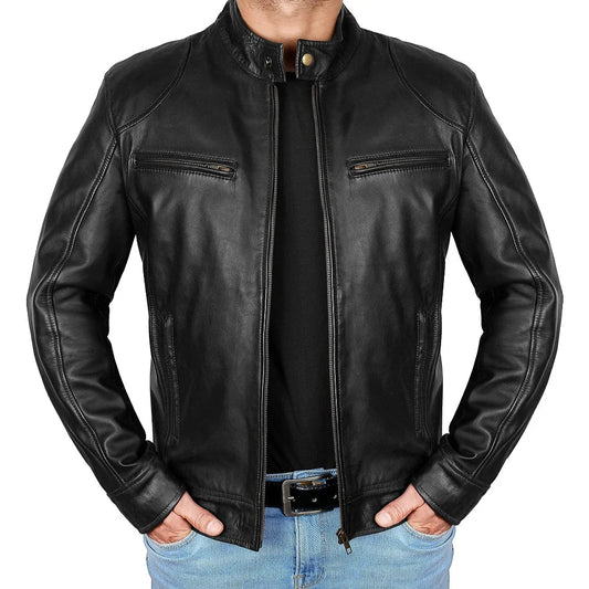 Men's Black Lambskin Leather Cafe Racer Jacket - OutfitLondon
