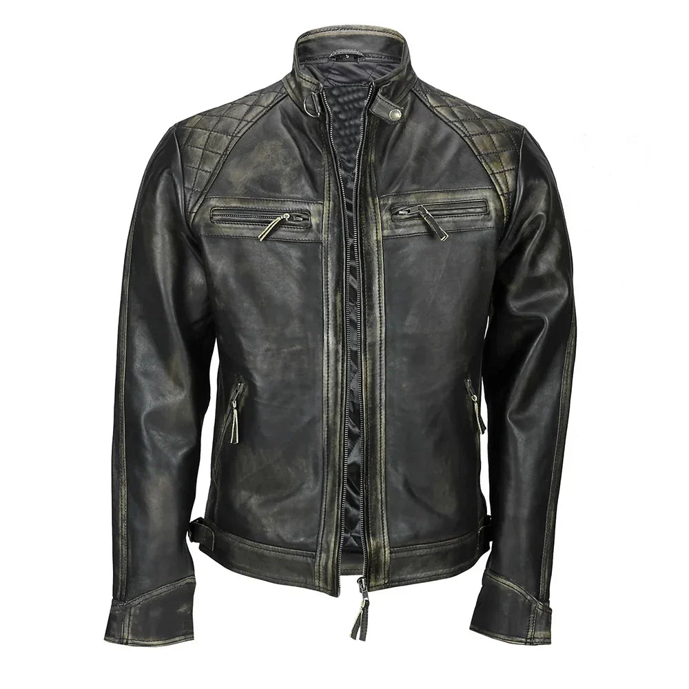 Men's Real Lambskin Leather Biker Jacket Black Distressed Quilted - OutfitLondon