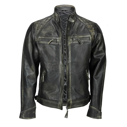 Men's Real Lambskin Leather Biker Jacket Black Distressed Quilted - OutfitLondon
