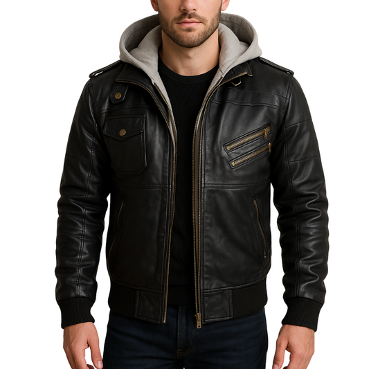 Men's Leather Bomber Jacket Black Removable Hood - OutfitLondon