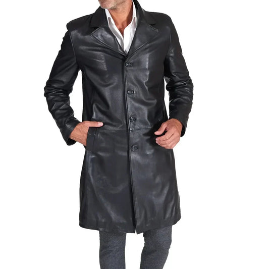 Men's Real Lambskin Leather Coat Black Wide Lapel - OutfitLondon